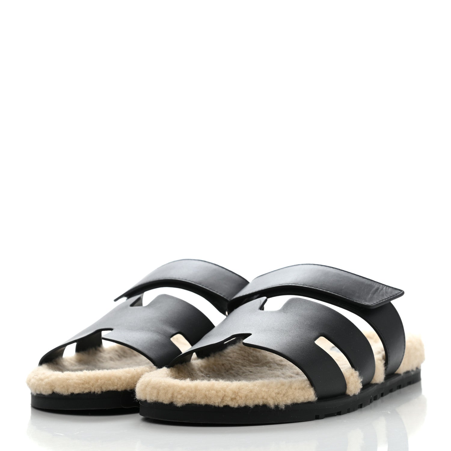 Hermes Veau Indios Woolskin Mens Chypre Sandals 42 Black Ecru 3 of 9