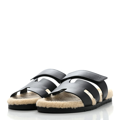 Hermes Veau Indios Woolskin Mens Chypre Sandals 42 Black Ecru 3 of 9