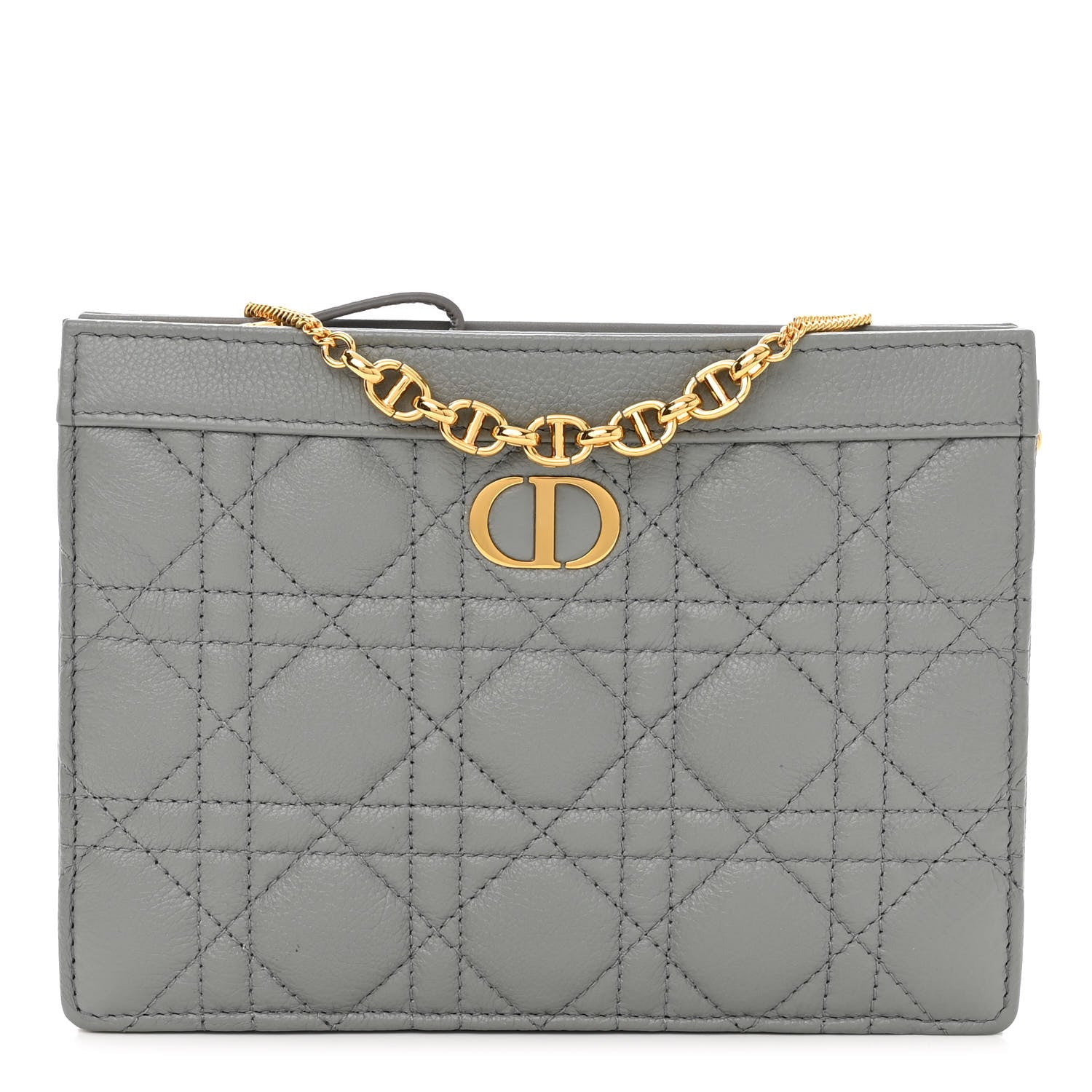 Christian Dior Calfskin Cannage Caro Zipped Pouch With Chain Grey 1 of 12