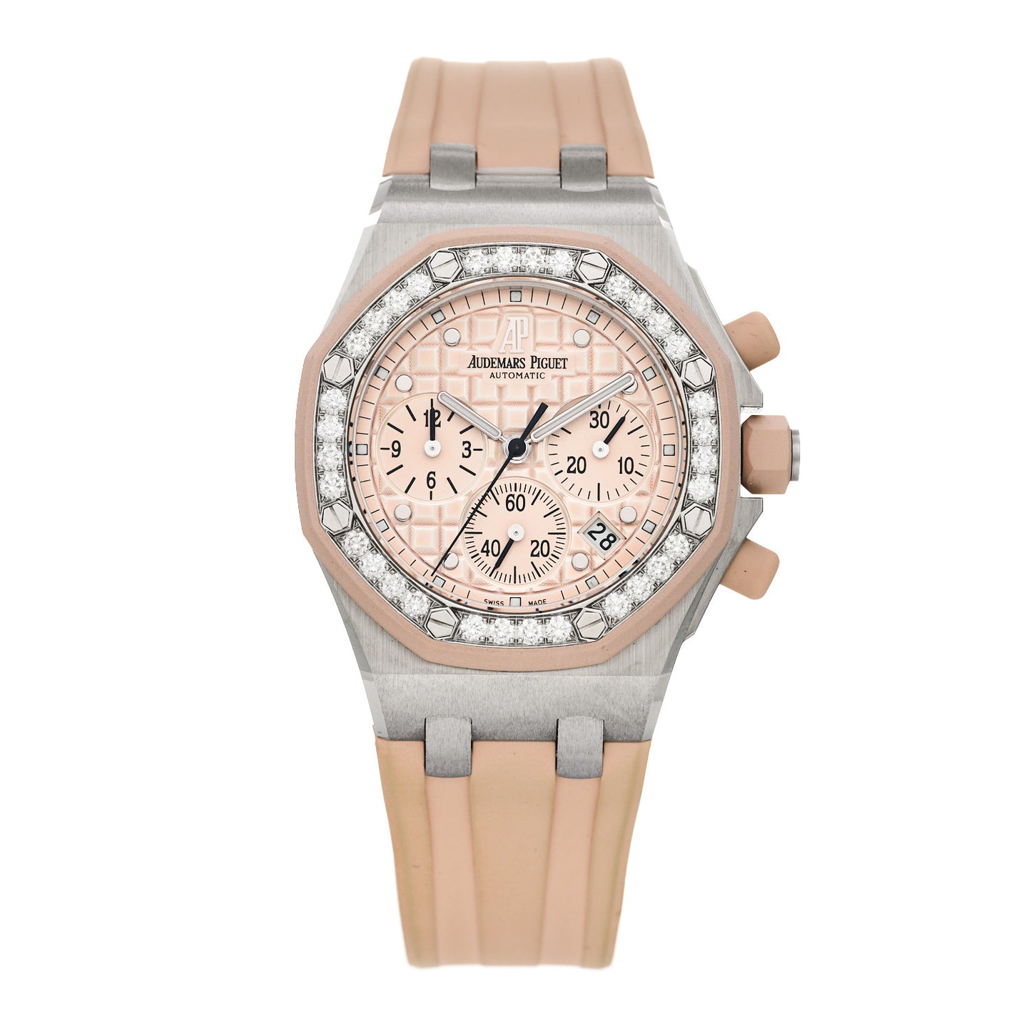 Stainless Steel Rubber Diamond Bezel 37mm Royal Oak Offshore Lady Chronograph Automatic Watch Champagne 26048SK.ZZ.D082CA.01