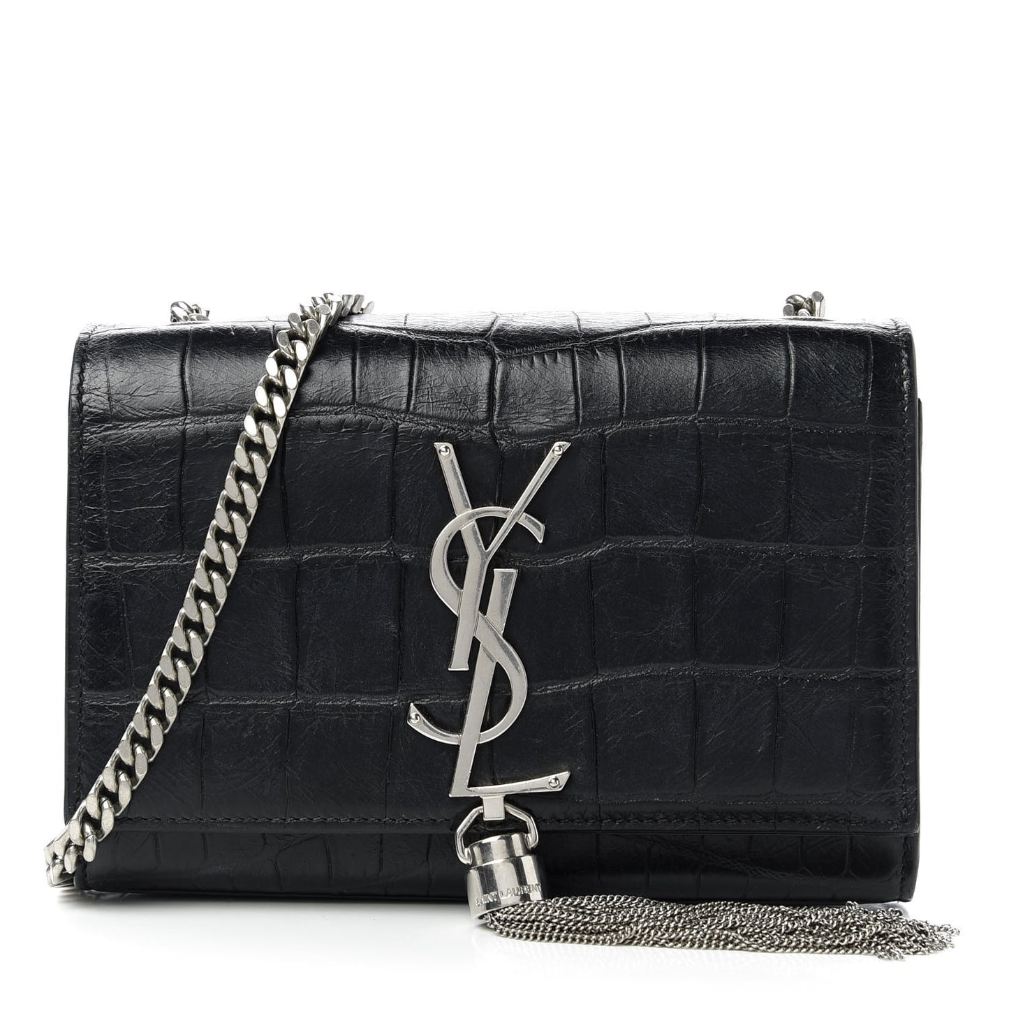 Calfskin Crocodile Embossed Monogram Small Kate Tassel Satchel Black