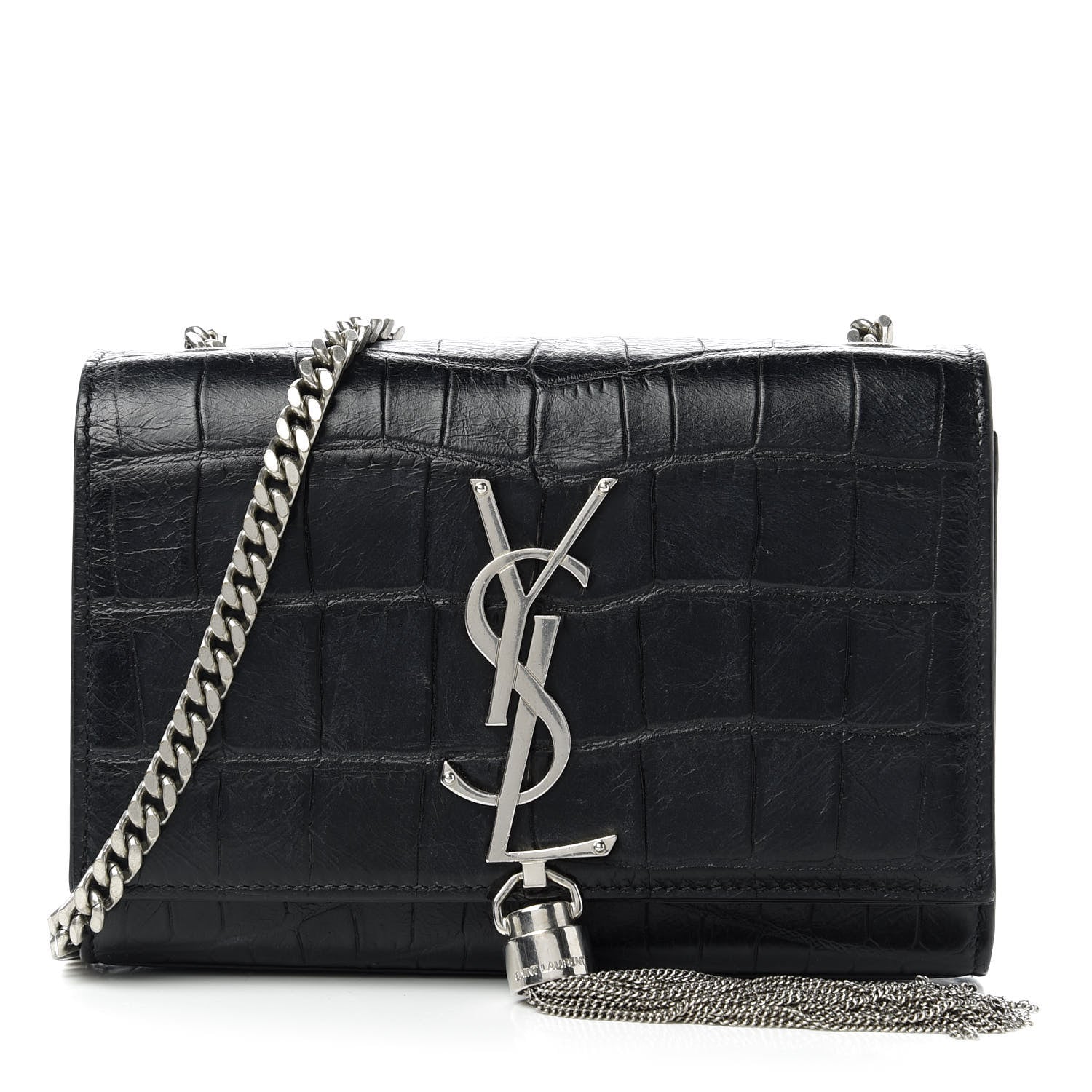 Saint Laurent Calfskin Crocodile Embossed Monogram Small Kate Tassel Satchel Black 1 of 10