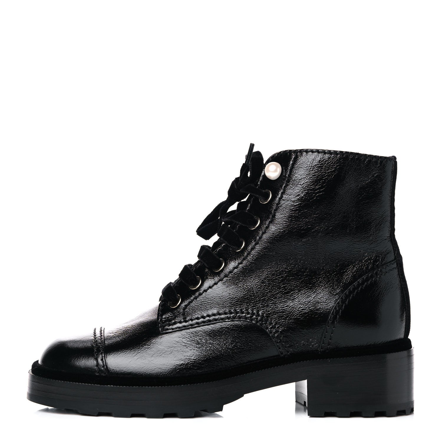 Chanel Shiny Calfskin Velvet Pearl Combat Short Boots 37 Black 1 of 13