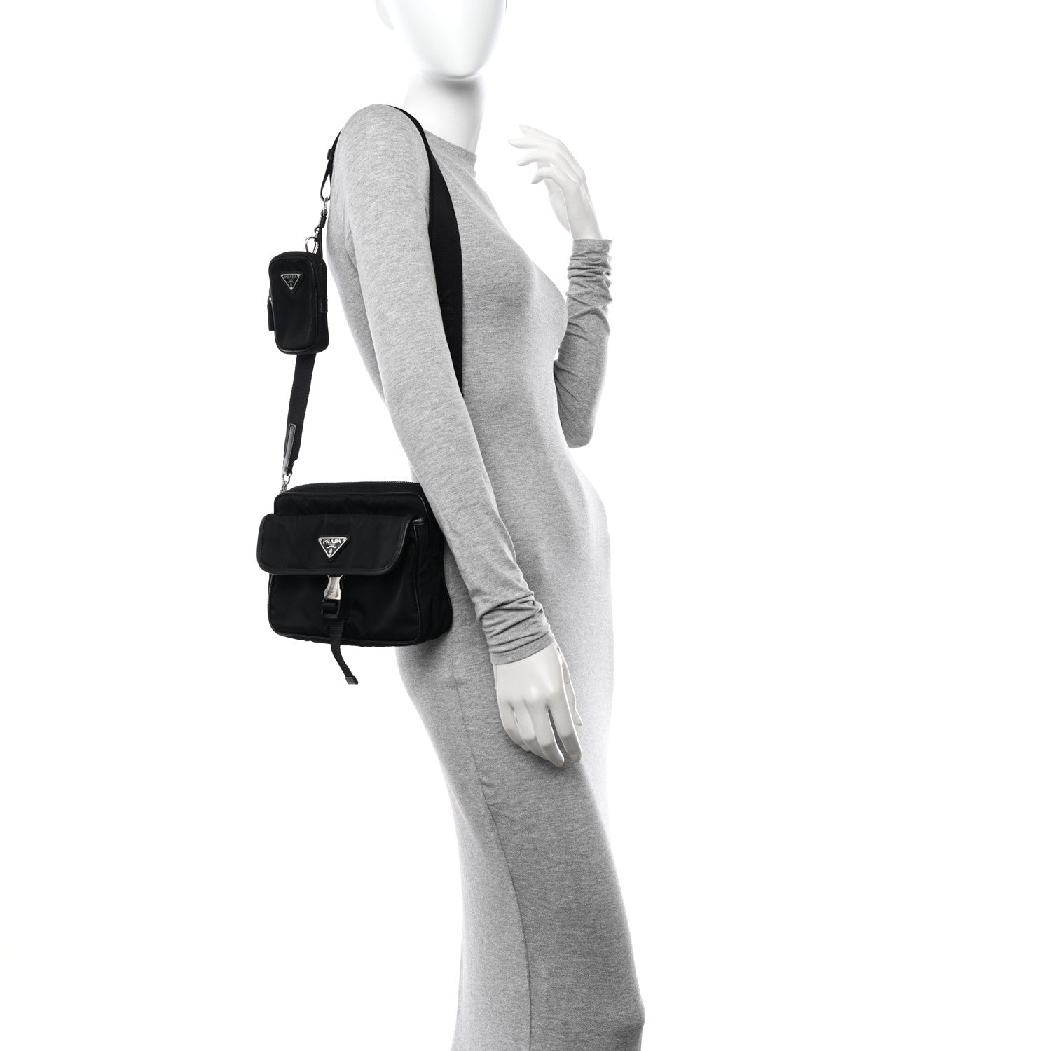Prada Re-Nylon Saffiano Pocket Single Snap Buckle Shoulder Bag Black 2 of 10