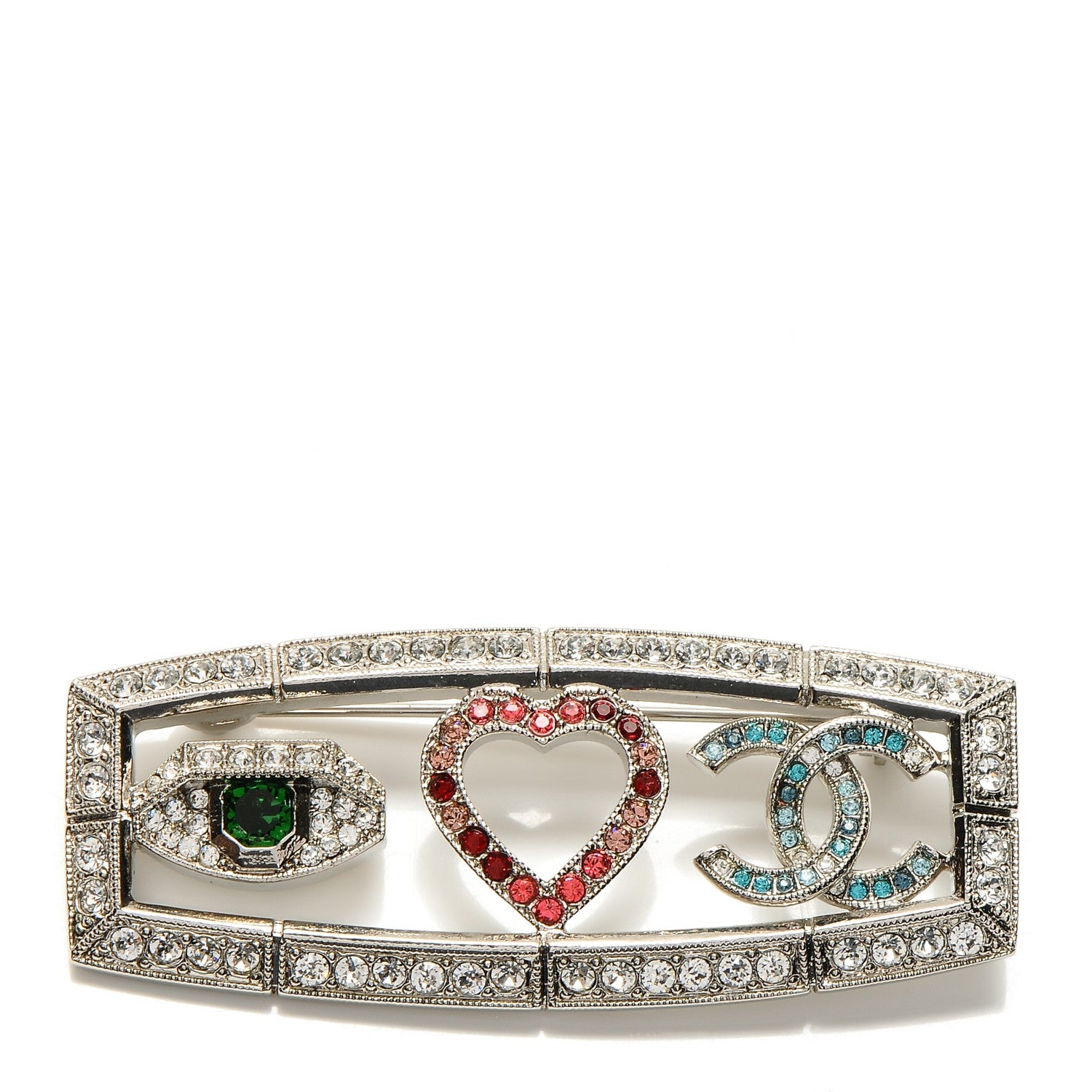 Chanel Crystal Eye Heart CC Brooch Silver 1 of 5