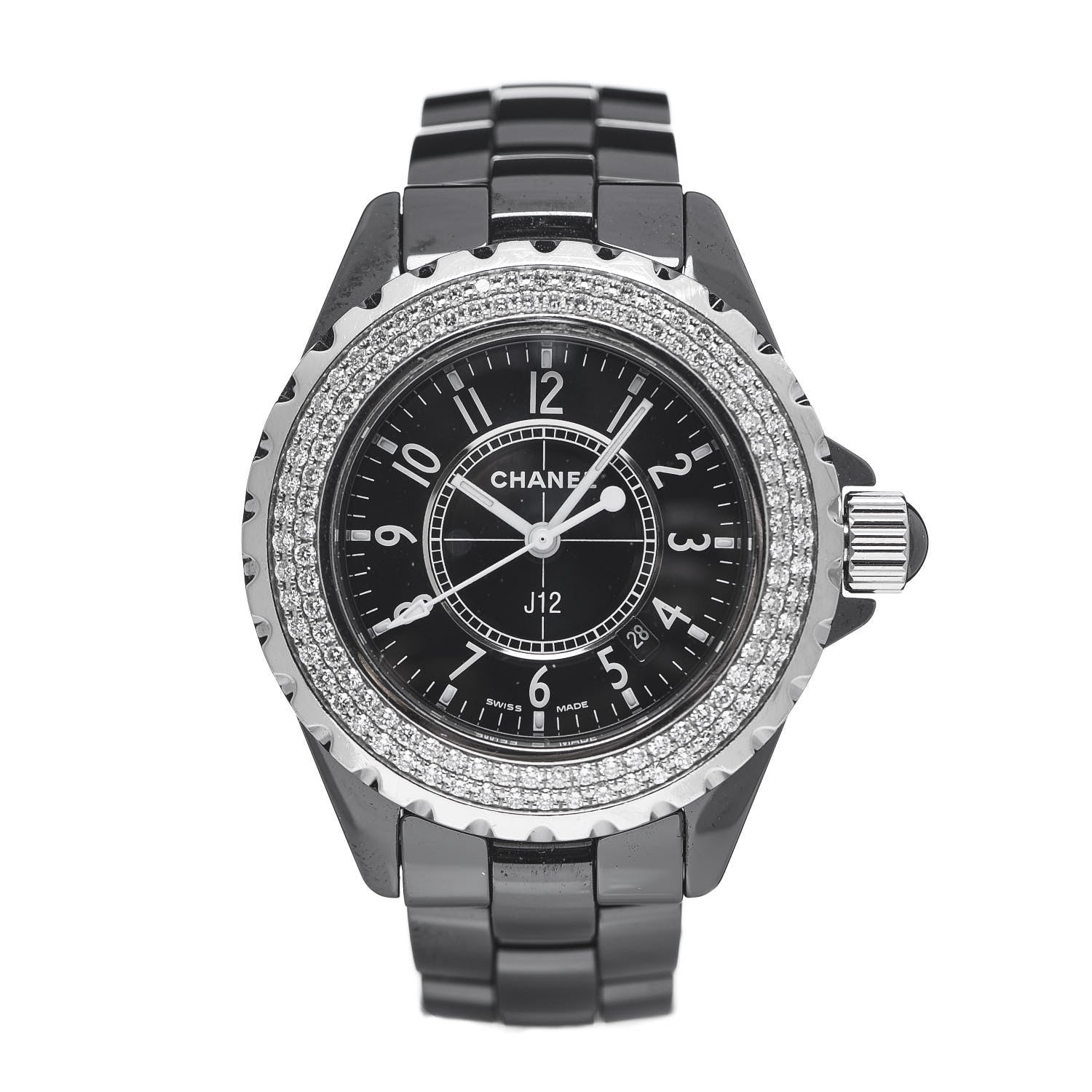 Chanel Stainless Steel Ceramic Diamond Pave Bezel 33mm J12 Quartz Watch Black 1 of 5