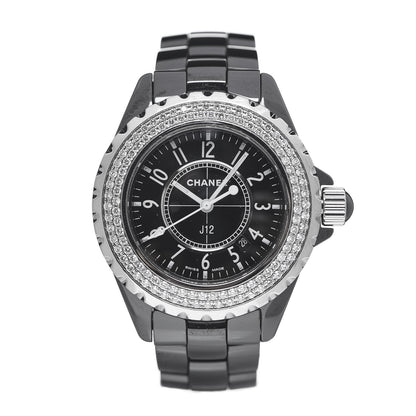 Chanel Stainless Steel Ceramic Diamond Pave Bezel 33mm J12 Quartz Watch Black 1 of 5