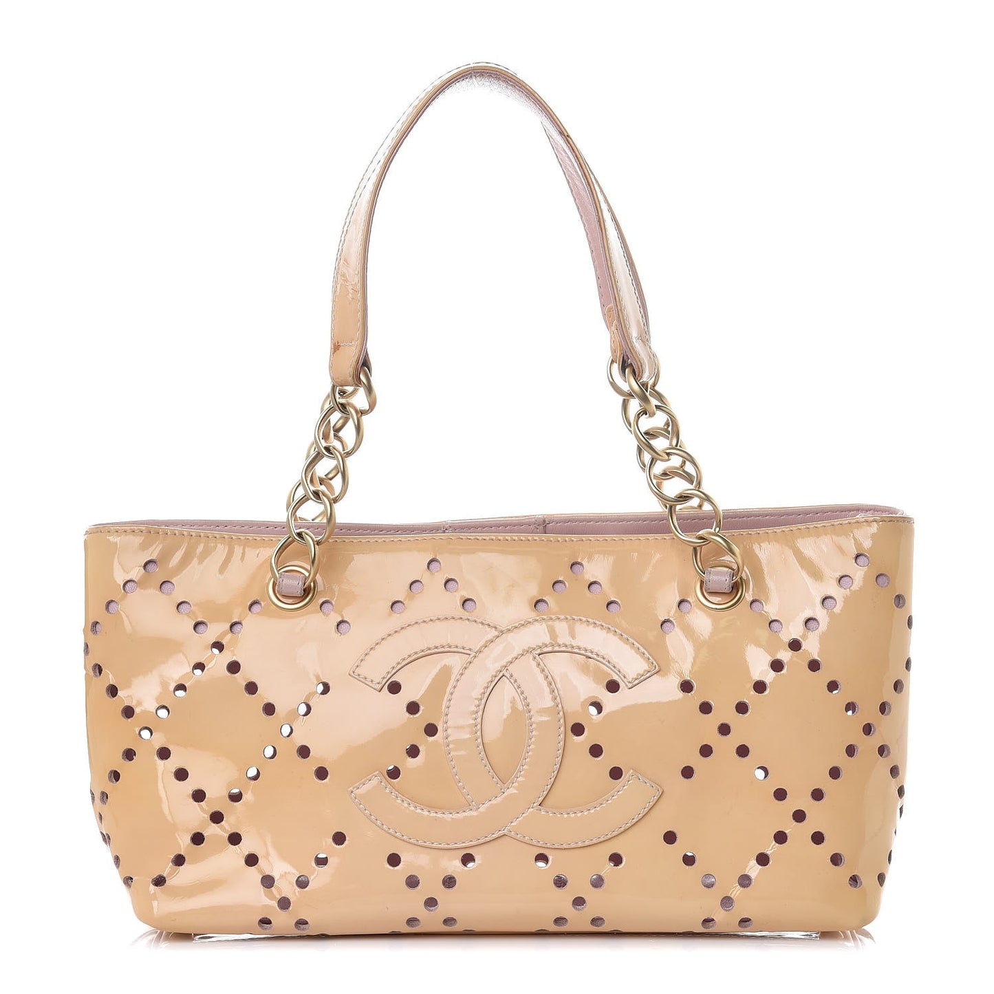 Patent Perforated CC Shopping Tote Beige