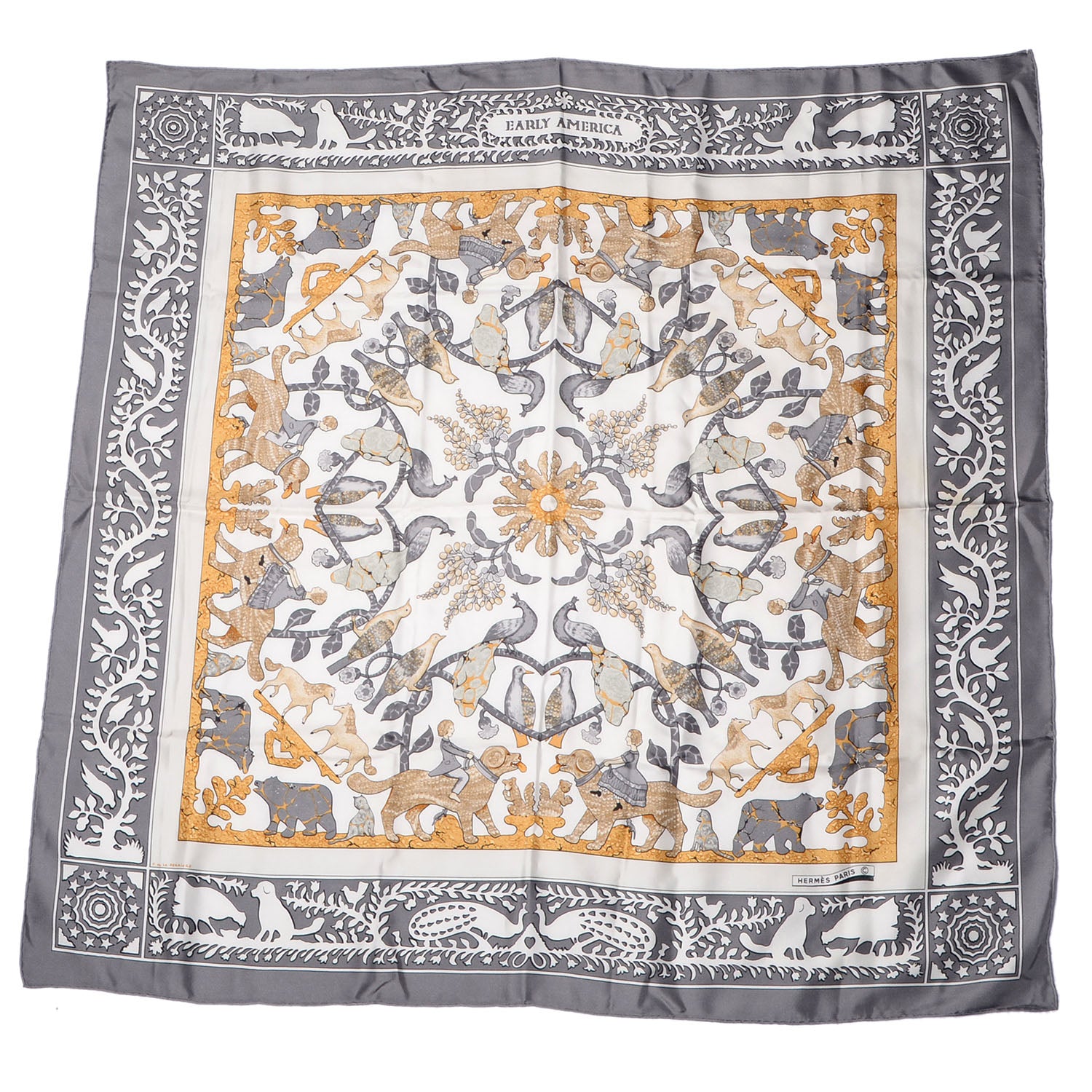 Hermes Silk Early America Scarf 90 Grey 2 of 5