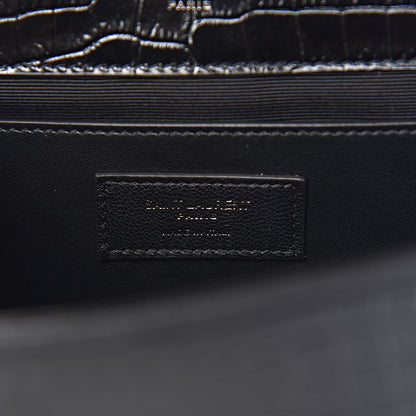 Saint Laurent Calfskin Crocodile Embossed Medium Monogram Envelope Chain Shoulder Bag Black 7 of 10
