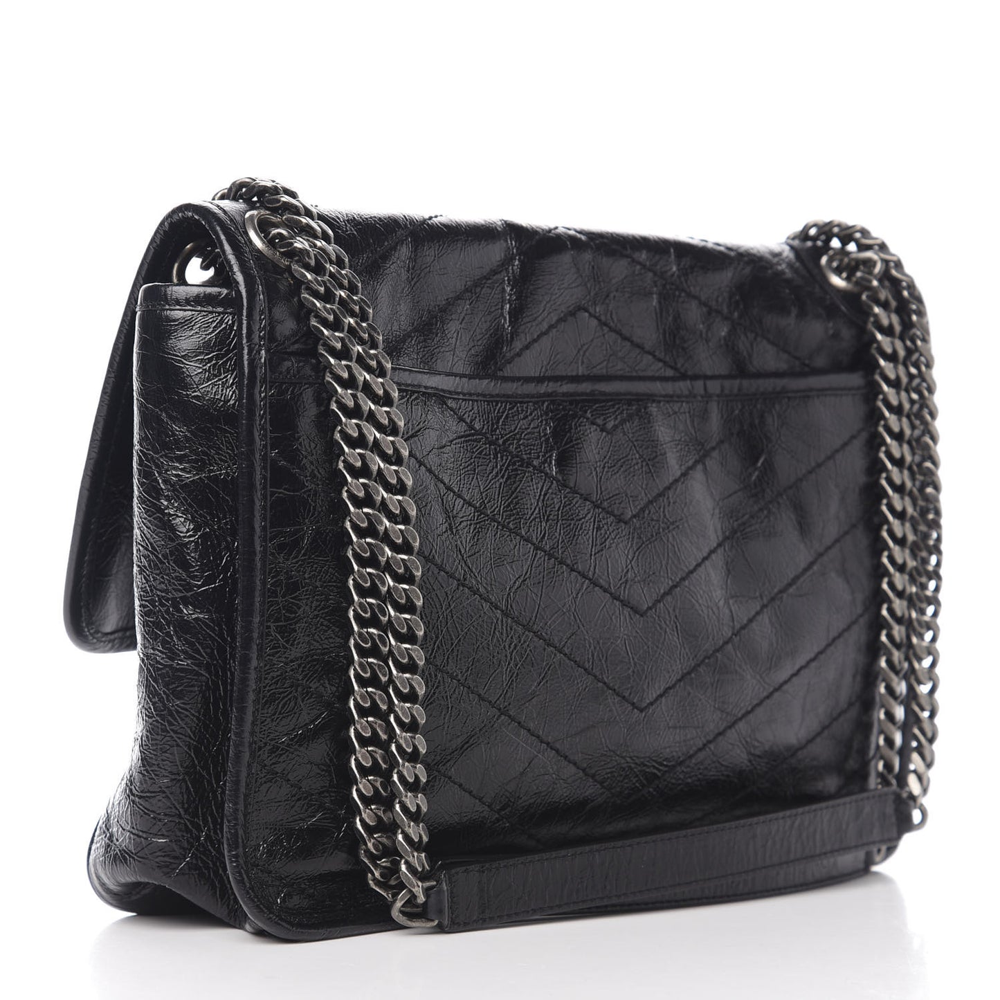 Crinkled Calfskin Matelasse Monogram Medium Niki Chain Satchel Black