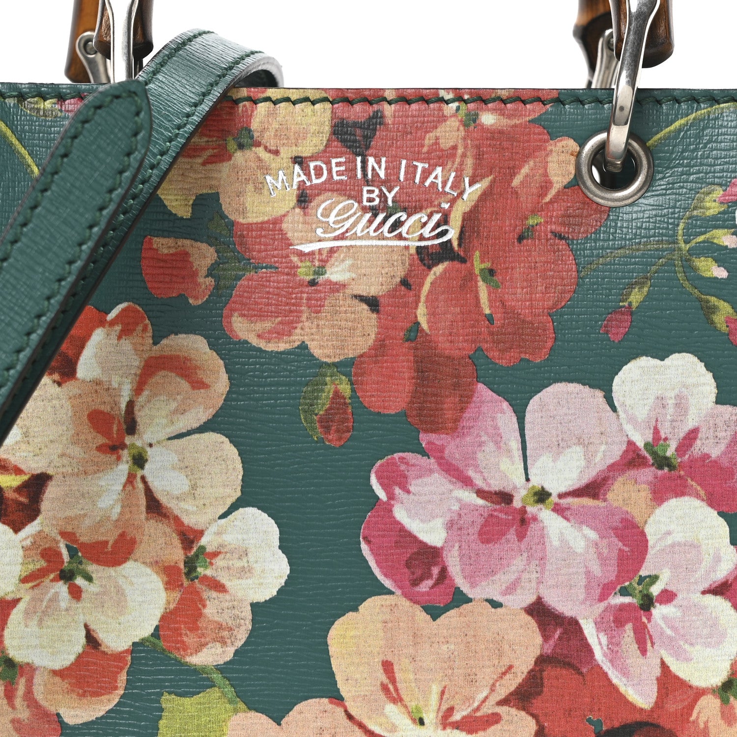 Gucci Shangai Calfskin Blooms Print Mini Bamboo Shopper Tote Bright Emerald Multicolor 8 of 10