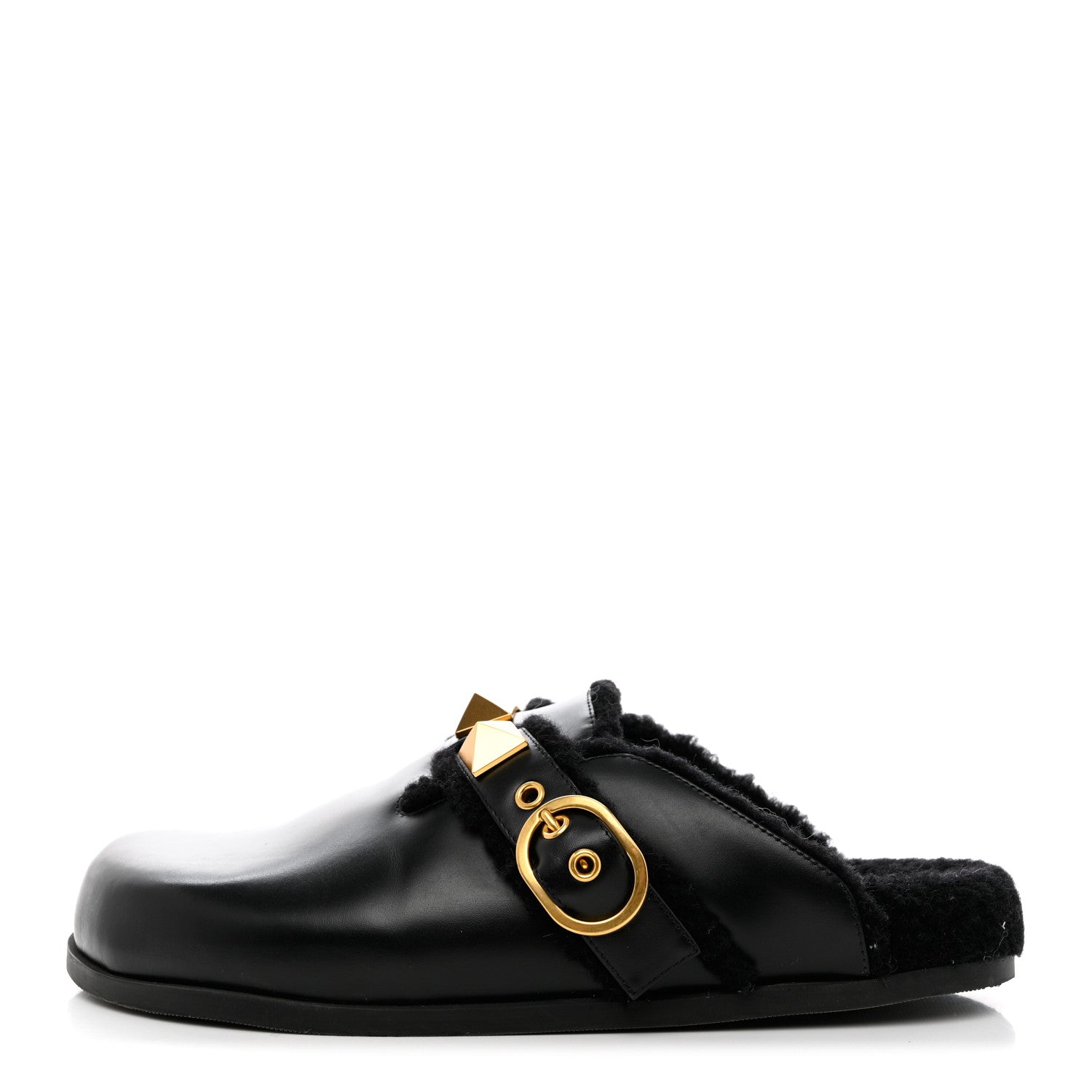 Valentino Garavani Calfskin Shearling Roman Stud River Slippers 40 Black 1 of 7