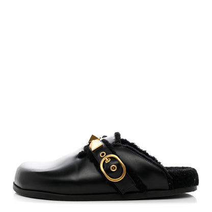 Valentino Garavani Calfskin Shearling Roman Stud River Slippers 40 Black 1 of 7