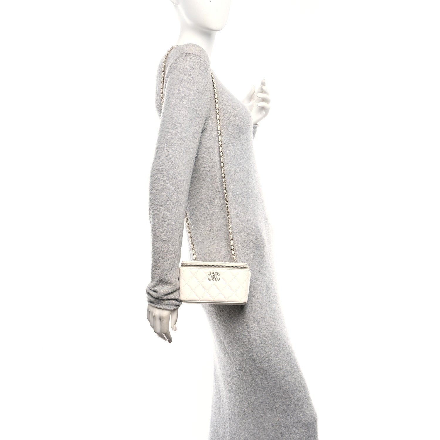 Chanel Caviar Quilted Crystal Hearts Small Vanity Case With Chain White 2 of 15