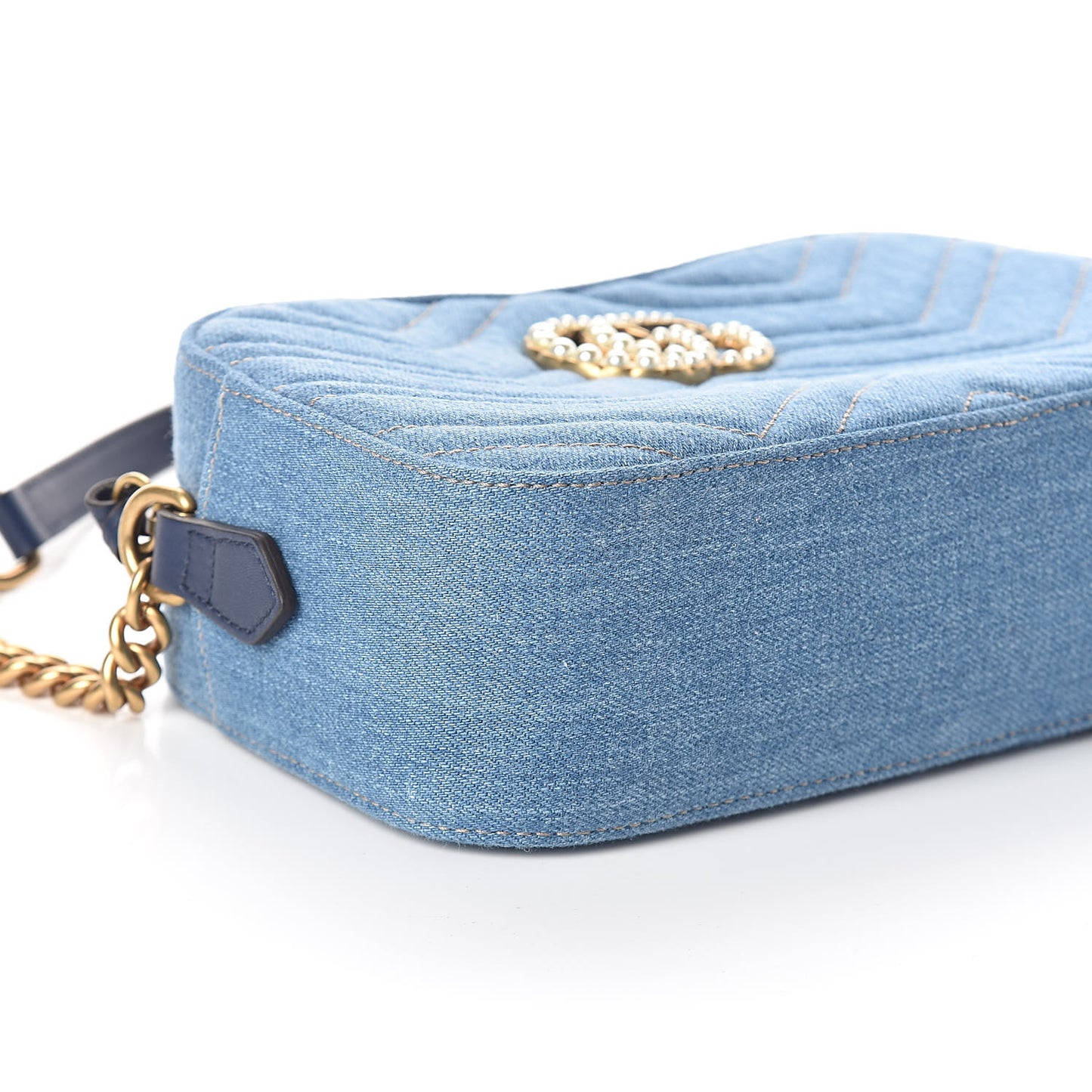 Denim Matelasse Small Pearly GG Marmont Chain Shoulder Bag Blue