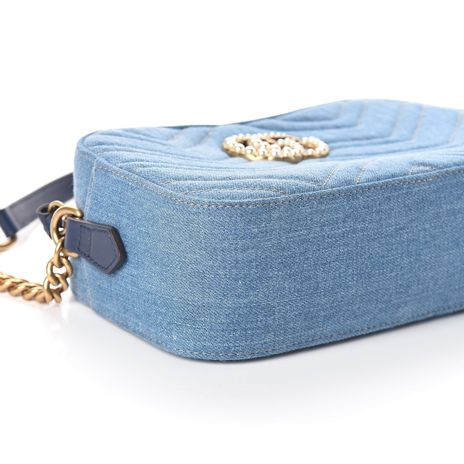 Gucci Denim Matelasse Small Pearly GG Marmont Chain Shoulder Bag Blue 8 of 9