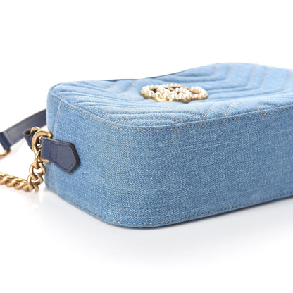Gucci Denim Matelasse Small Pearly GG Marmont Chain Shoulder Bag Blue 8 of 9