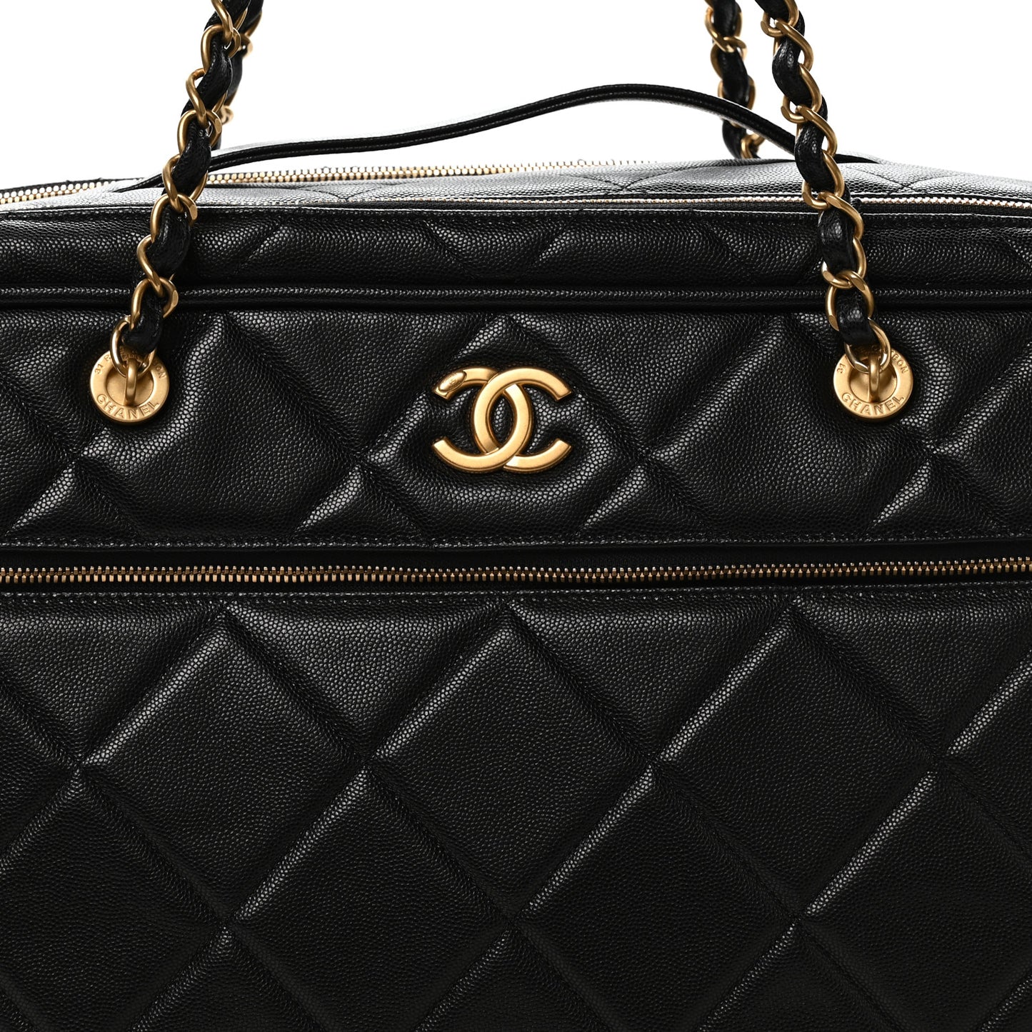 Shiny Grained Calfskin Quilted Large Travel Bowling Bag Black