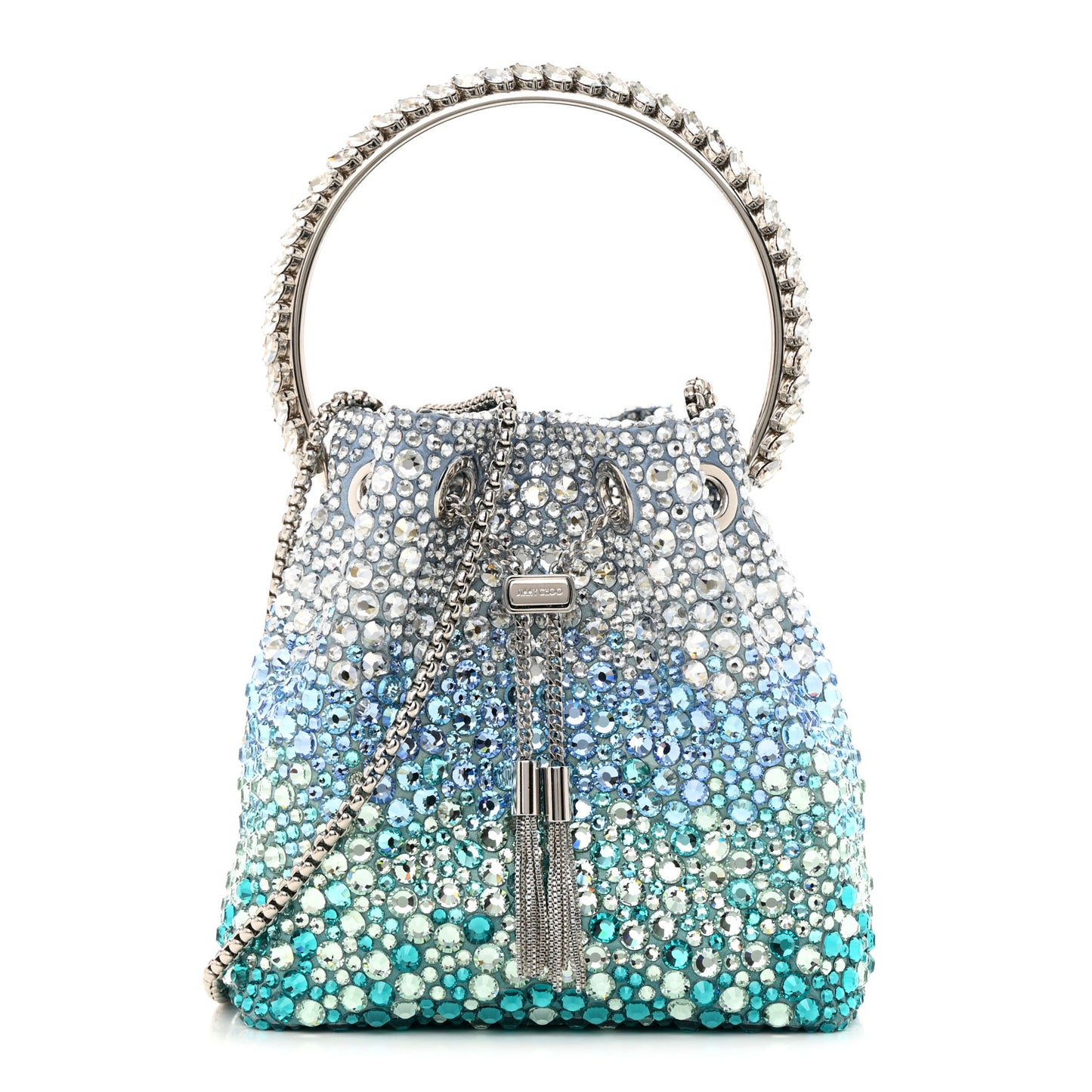 Satin Hotfix Crystal Embellished Bon Bon Bucket Bag Blue Silver