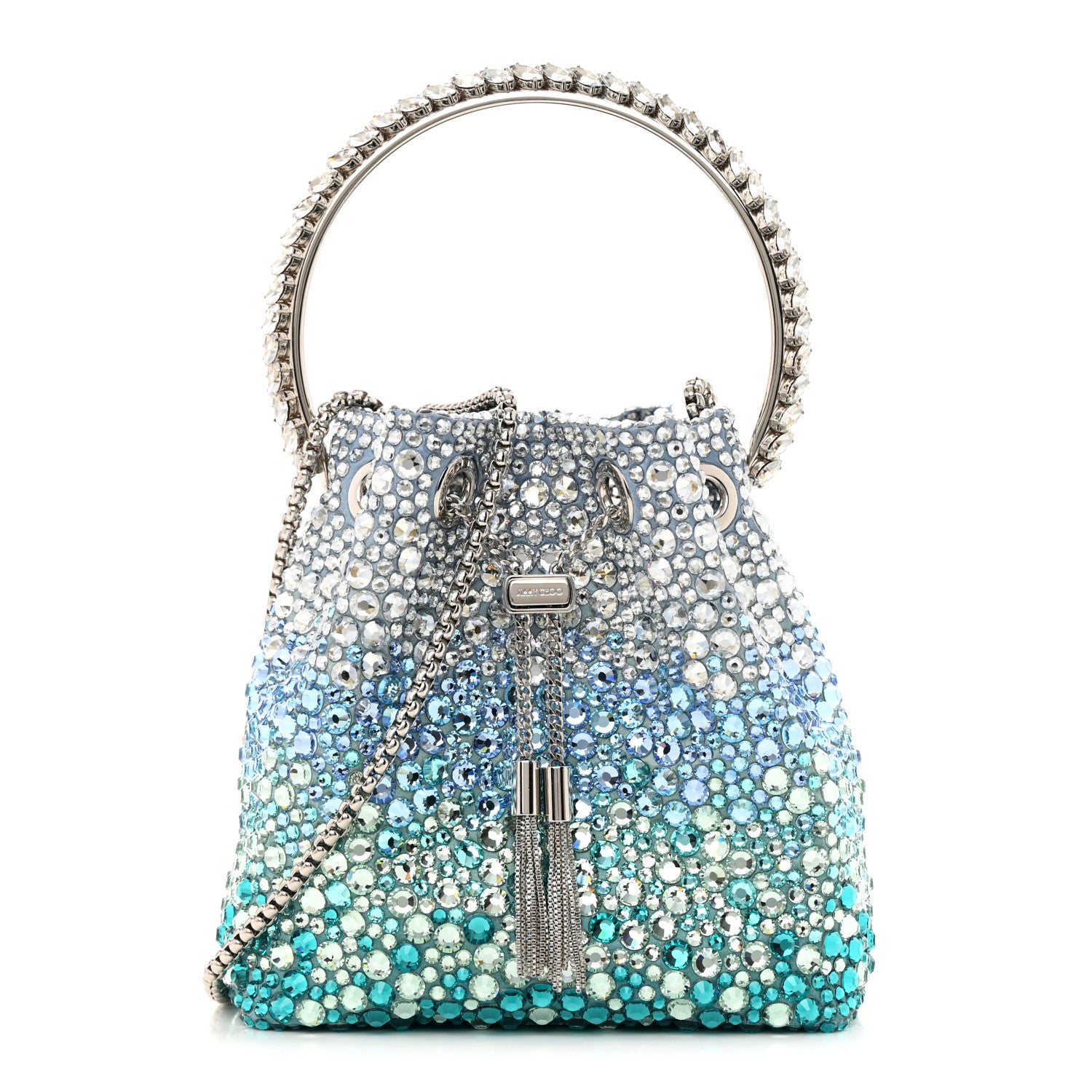 Jimmy Choo Satin Hotfix Crystal Embellished Bon Bon Bucket Bag Blue Silver 1 of 9