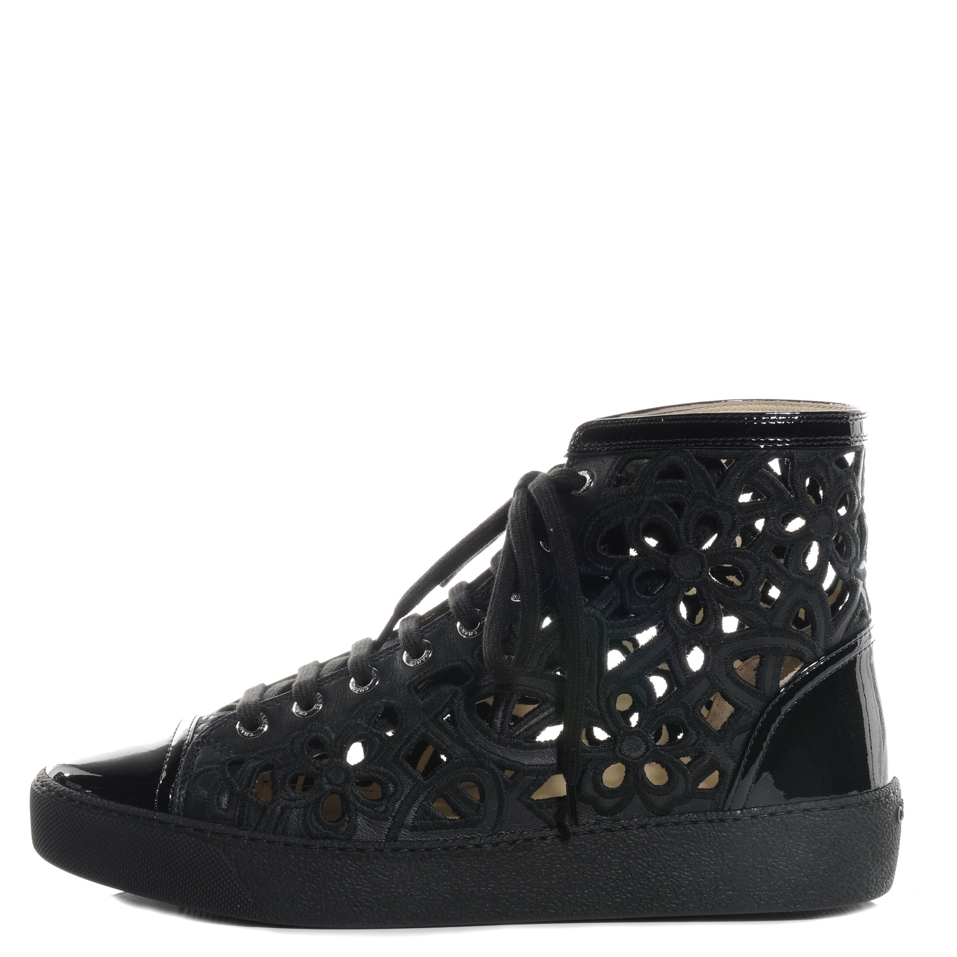 Chanel Patent Grained Goatskin Hollow Out Flower Sneakers 39 Black 1 of 6