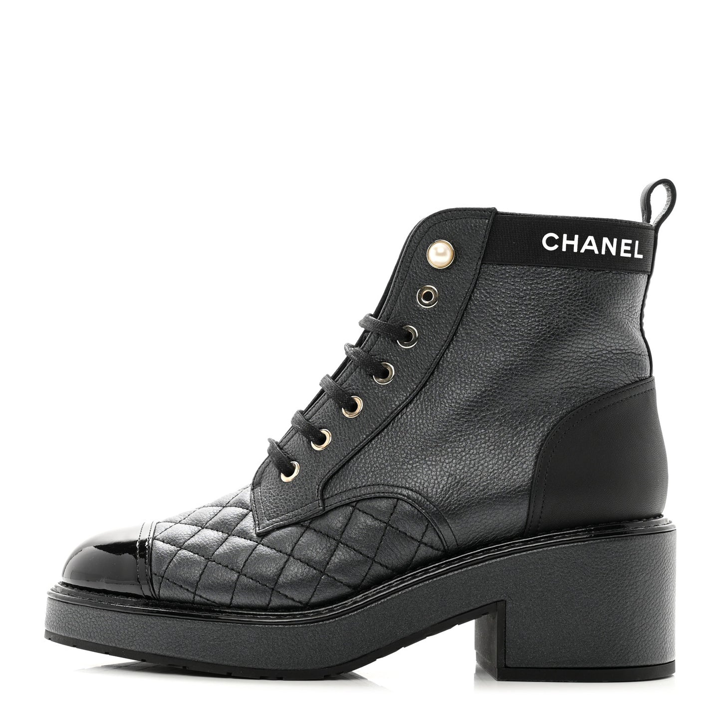 Pearly Calfskin Patent Calfskin Lace Up Combat Boots 38 Black