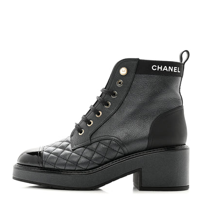 Chanel Pearly Calfskin Patent Calfskin Lace Up Combat Boots 38 Black 1 of 8