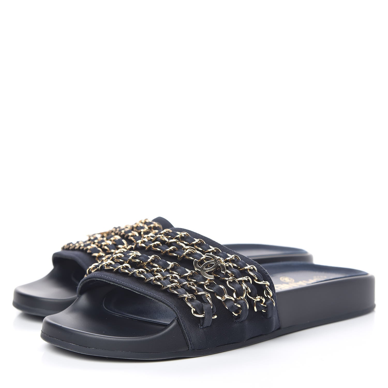 Chanel Satin Canvas Chain Slides Sandals Flats 37 Marine 3 of 14