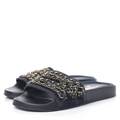 Chanel Satin Canvas Chain Slides Sandals Flats 37 Marine 3 of 14
