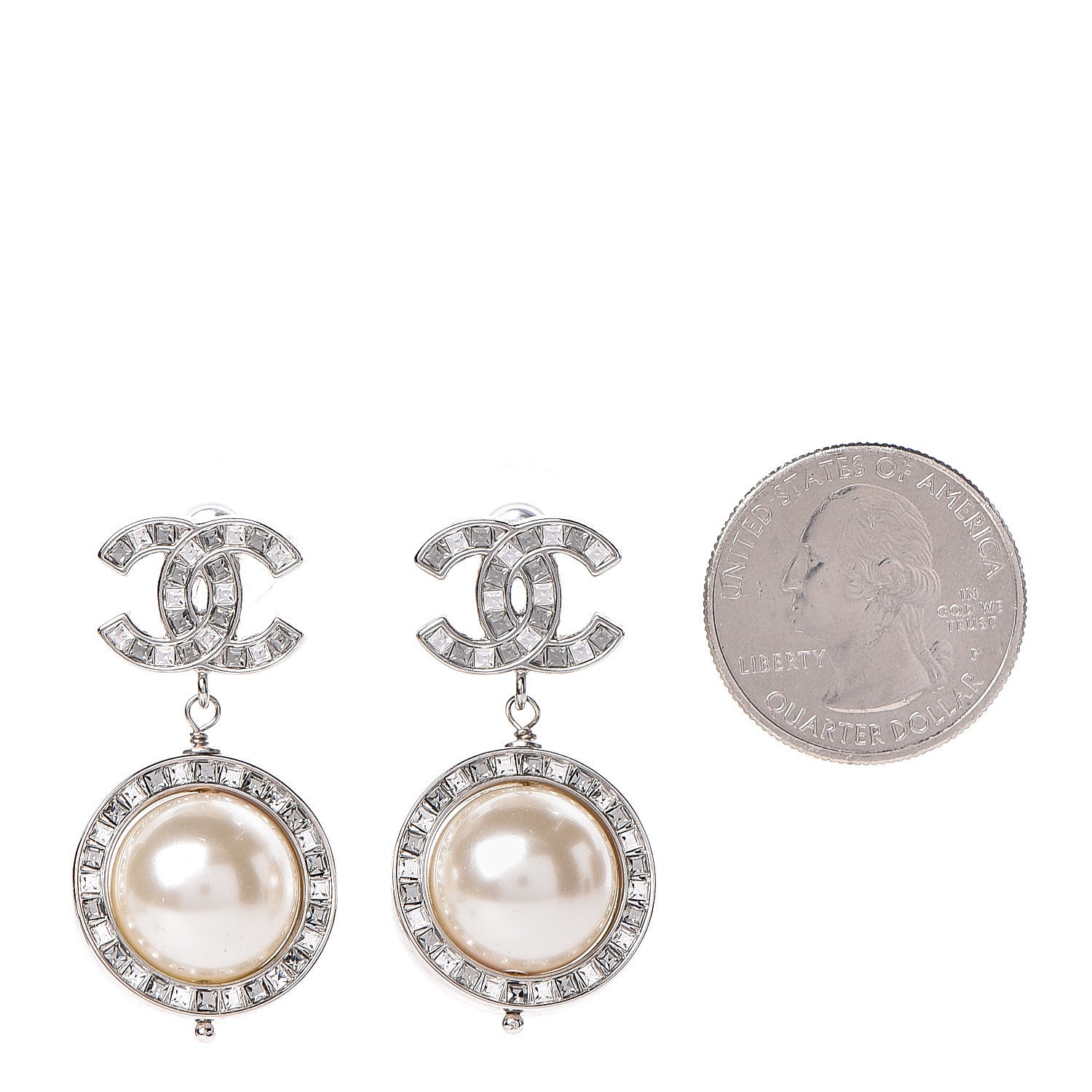 Chanel Baguette Crystal CC Pearl Drop Art Decoco Earrings Silver 2 of 4