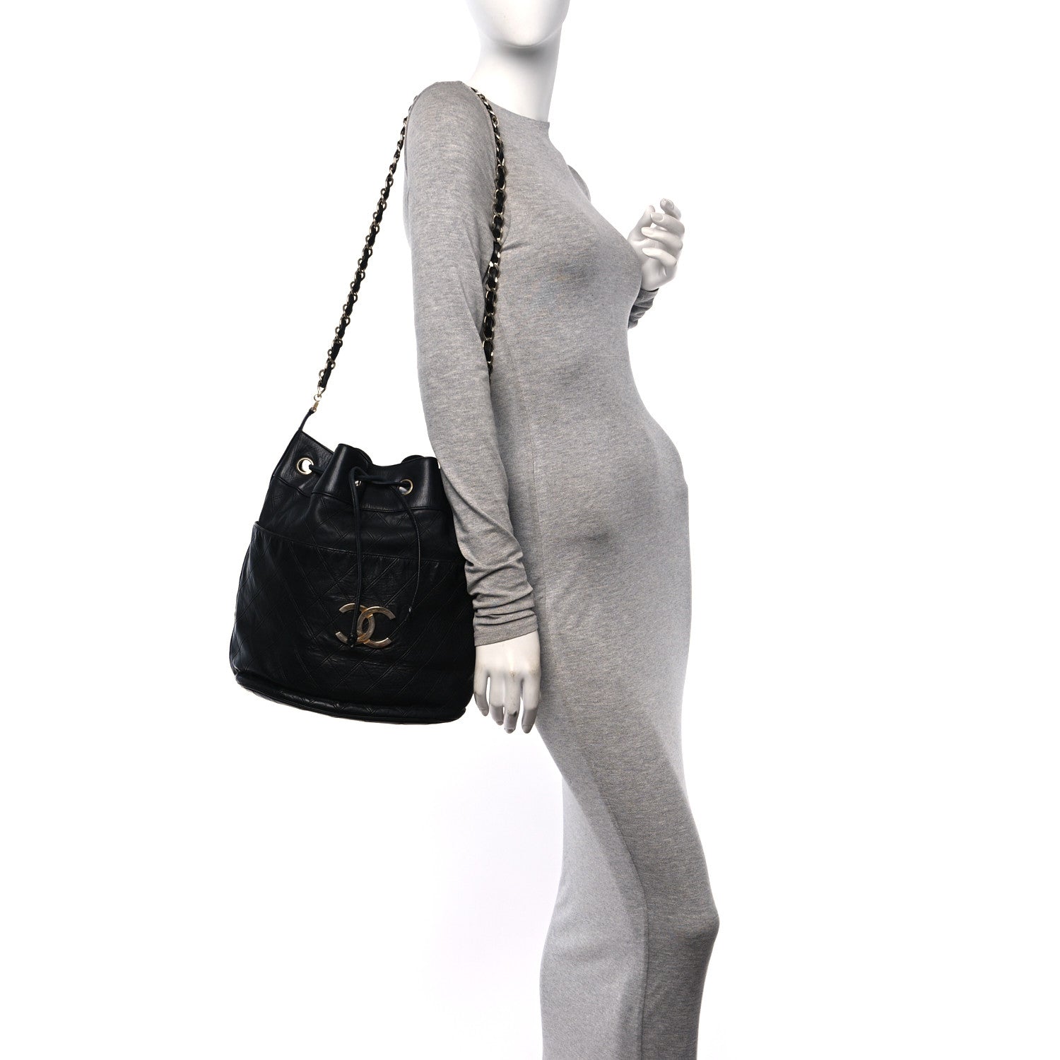 Chanel Lambskin Diamond Stitched CC Drawstring Shoulder Bag Black 2 of 11