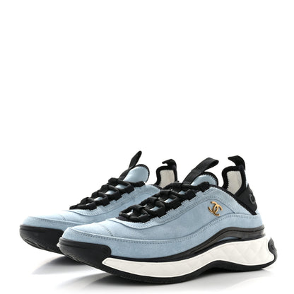Chanel Suede Calfskin Nylon Grosgrain CC Sneakers 38.5 Light Blue 3 of 10
