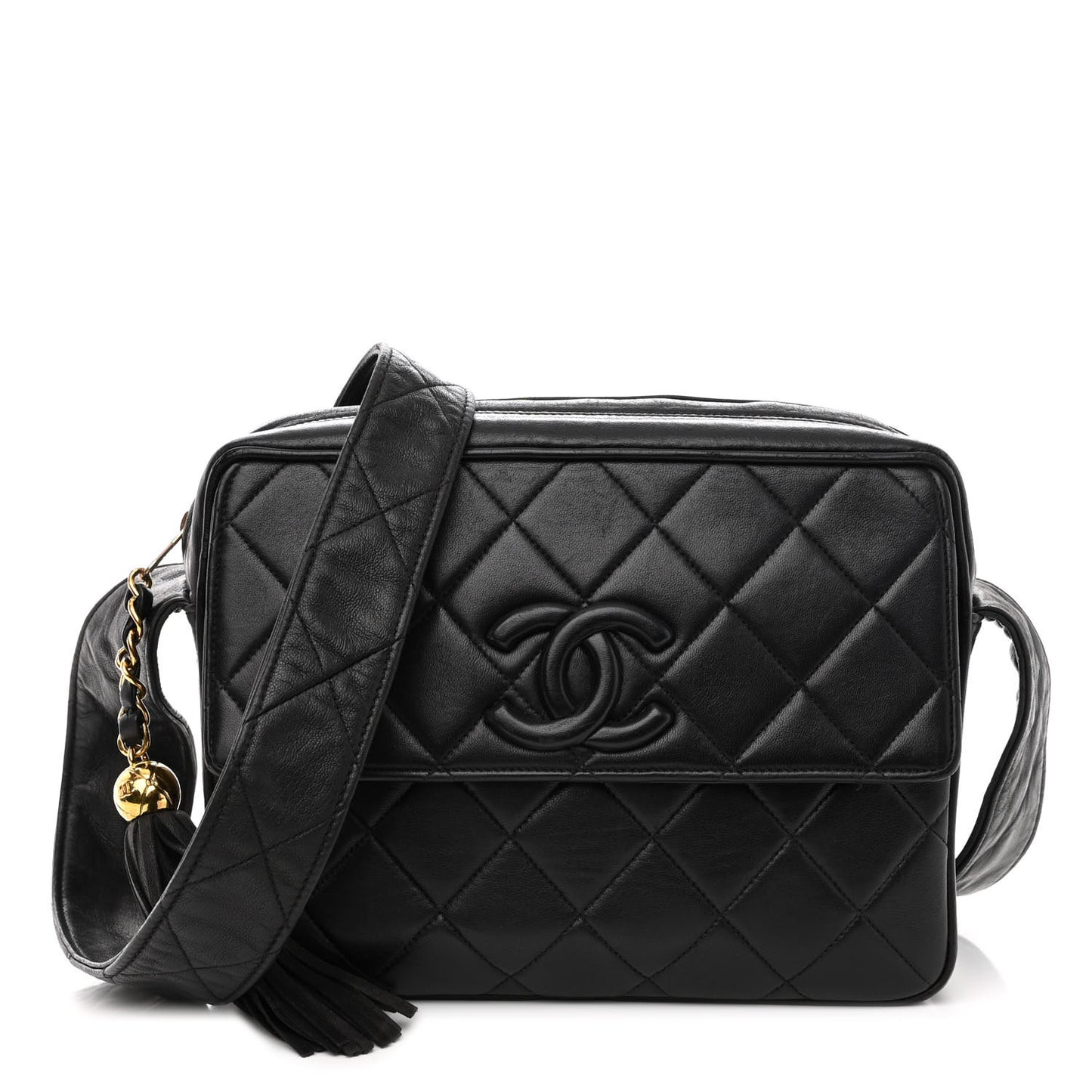 Lambskin Quilted Tassel Flap Camera Case Black
