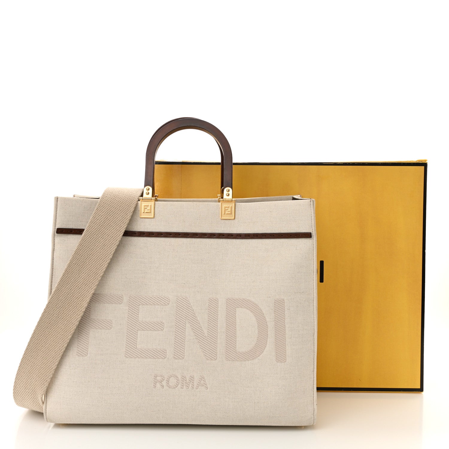 Fendi Canvas Vitello King Logo Embroidered Medium Fendi Sunshine Shopper Tote Grezzo Ghianda 18 of 18