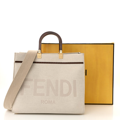 Fendi Canvas Vitello King Logo Embroidered Medium Fendi Sunshine Shopper Tote Grezzo Ghianda 18 of 18