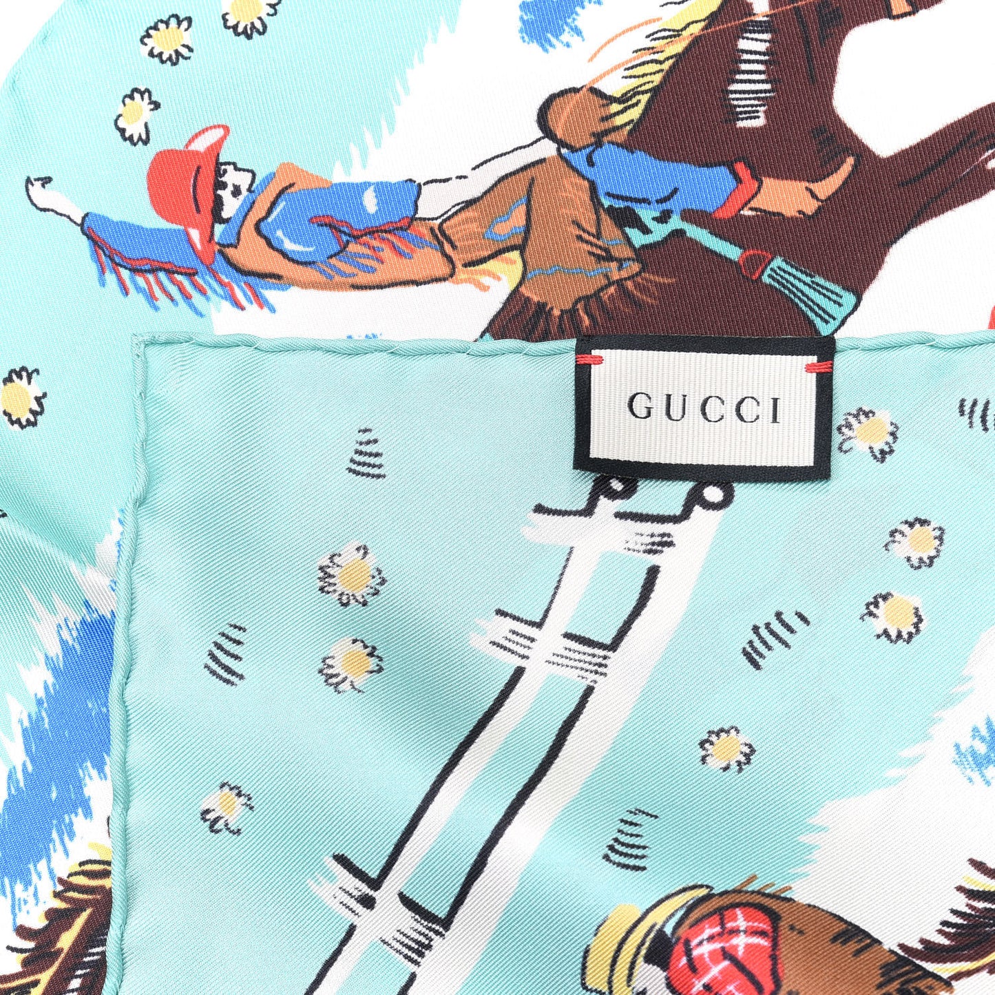 Silk Twill Rodeo Day Square Scarf Aqua Ivory