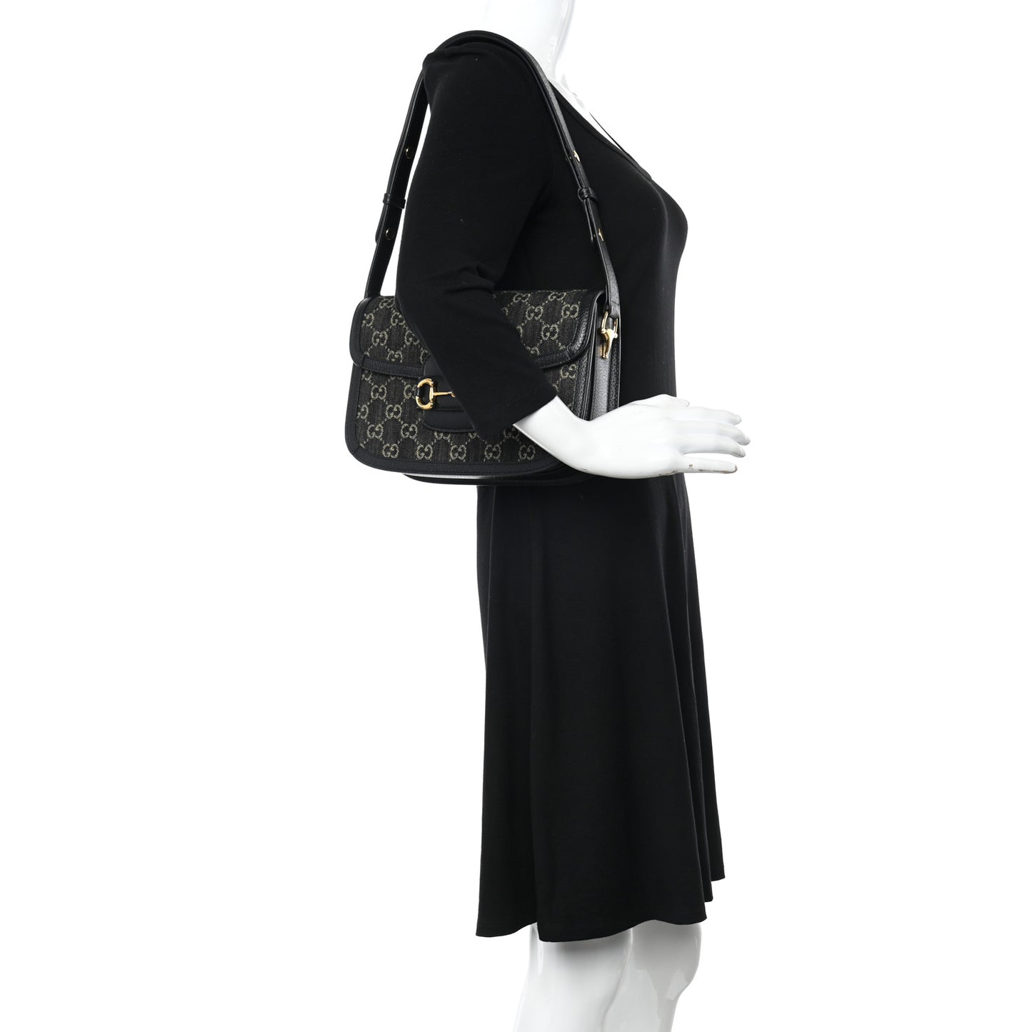 Jacquard Black Denim GG Monogram Textured Dollar Calfskin Horsebit 1955 Shoulder Bag Black Ivory