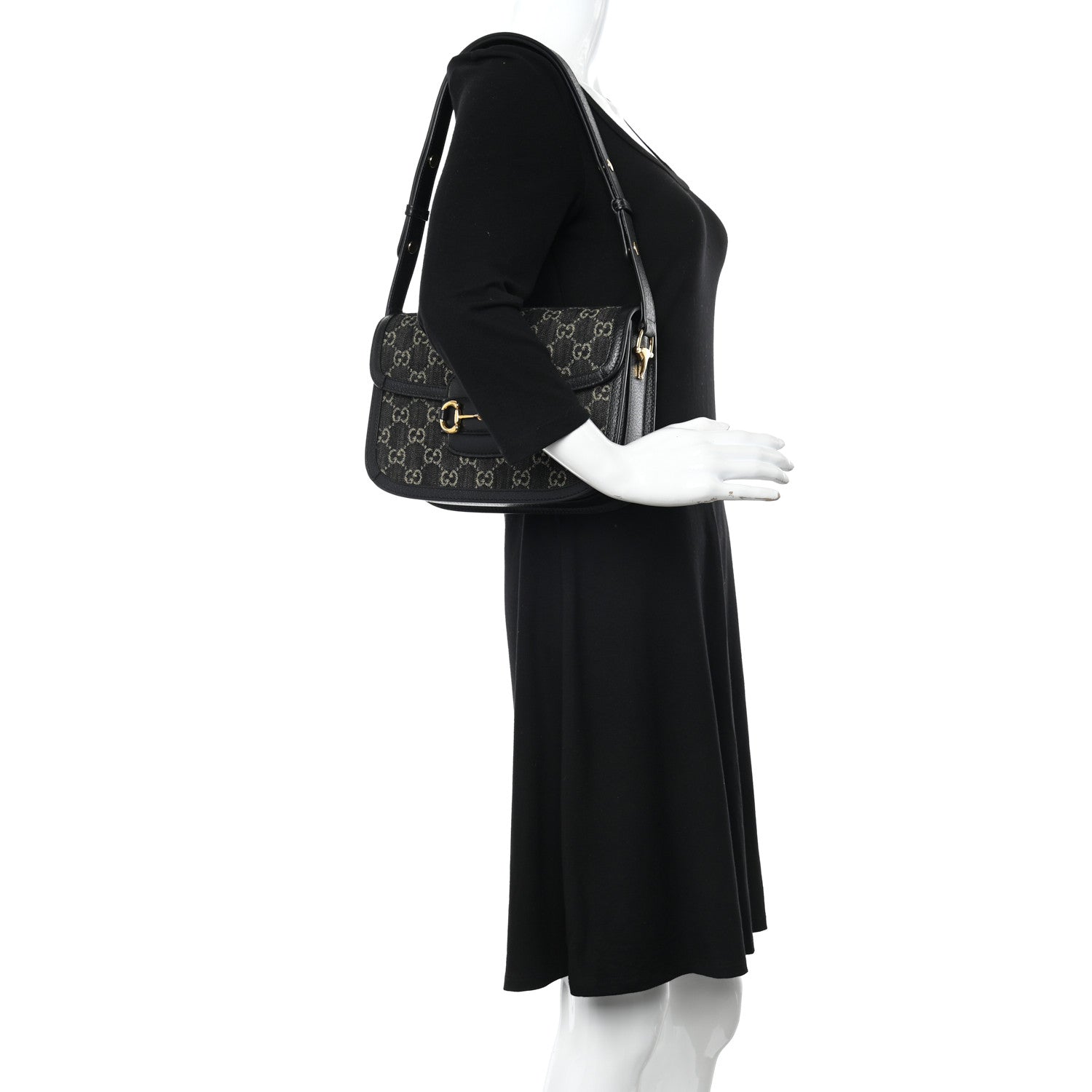 Gucci Jacquard Black Denim GG Monogram Textured Dollar Calfskin Horsebit 1955 Shoulder Bag Black Ivory 2 of 16