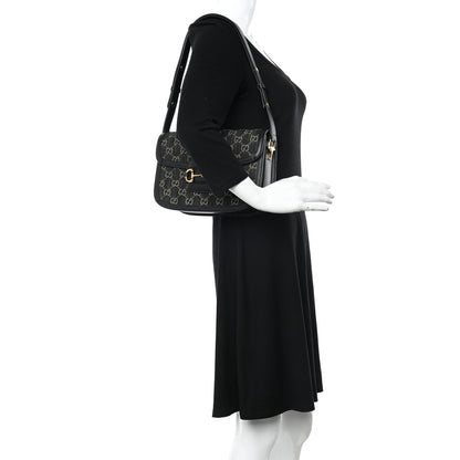 Gucci Jacquard Black Denim GG Monogram Textured Dollar Calfskin Horsebit 1955 Shoulder Bag Black Ivory 2 of 16