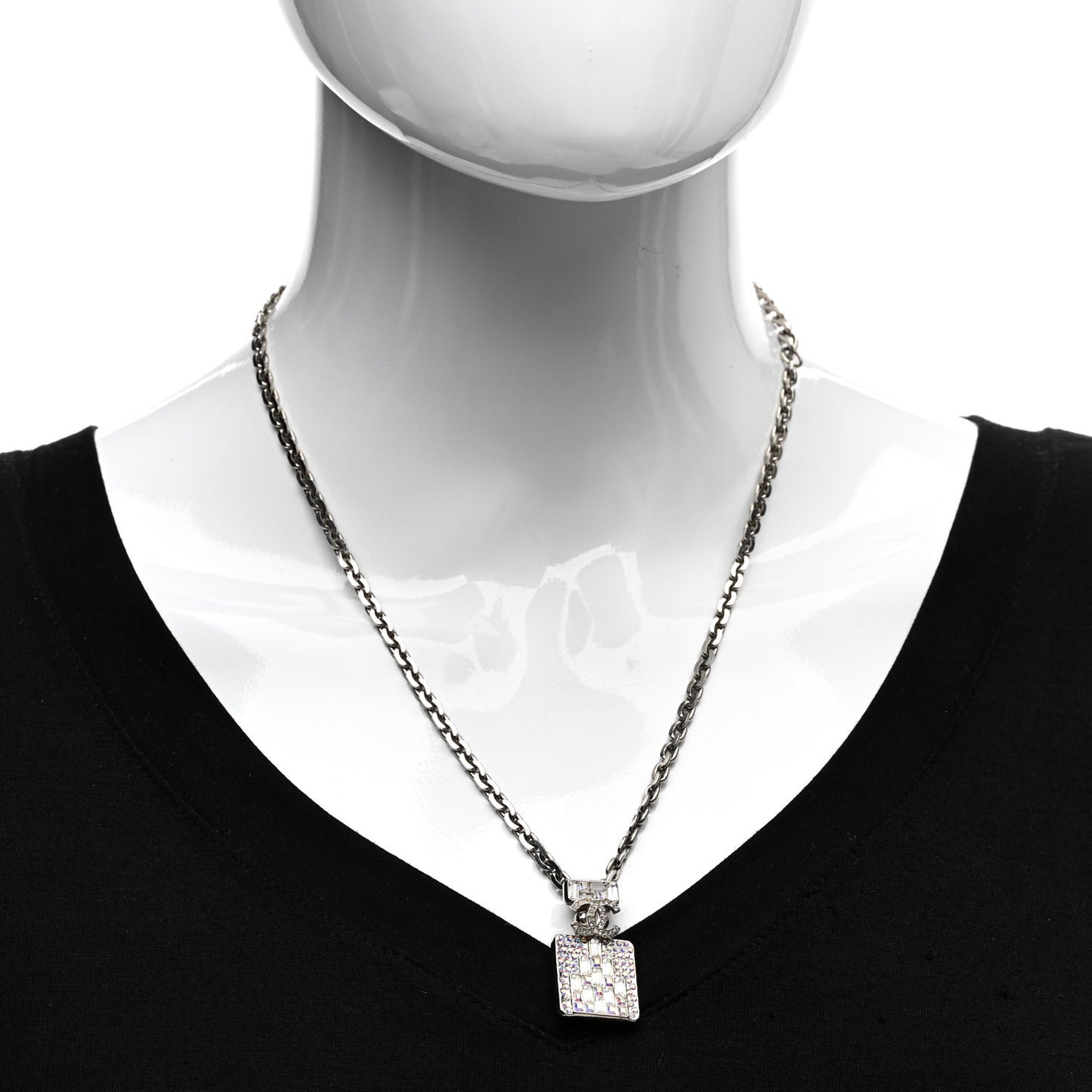 Metal Crystal CC Perfume Bottle Necklace Silver