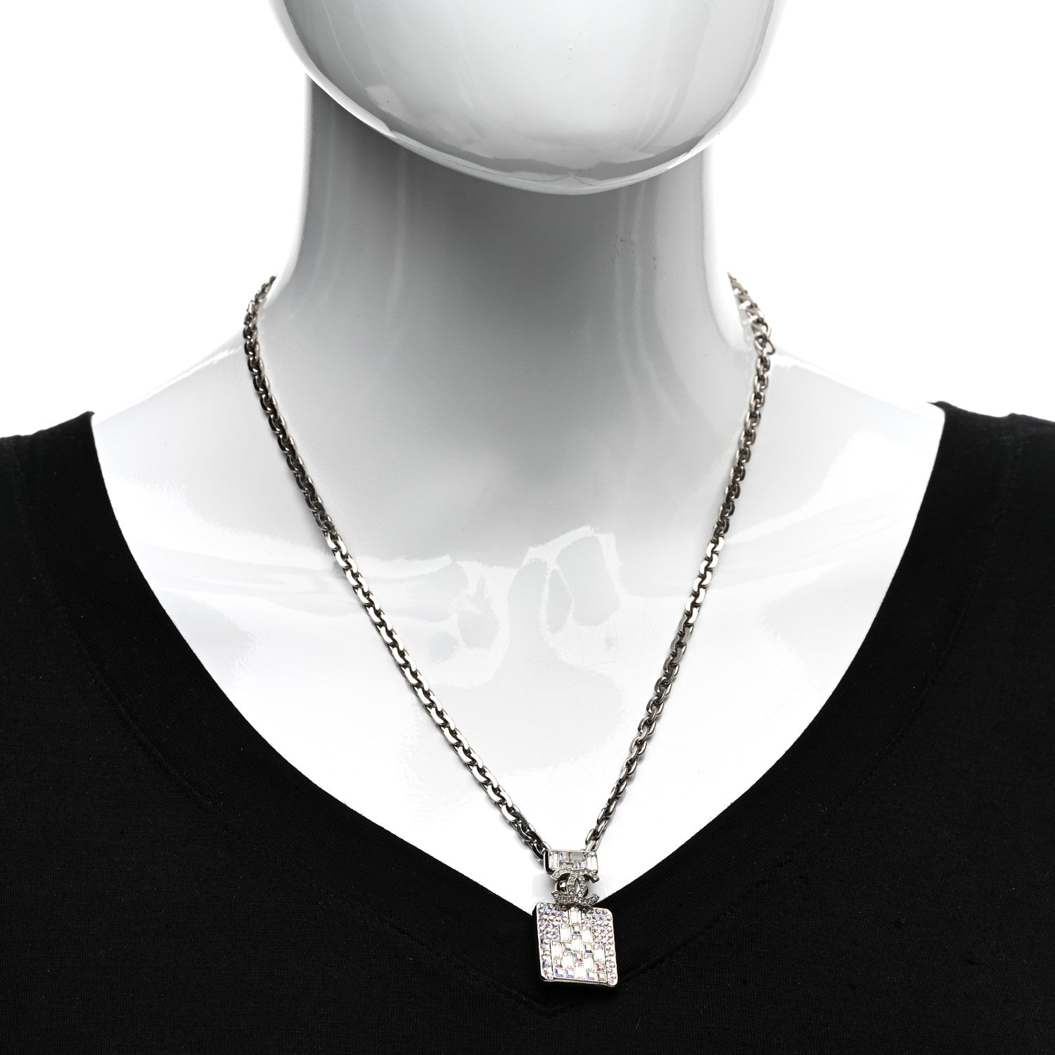 Chanel Metal Crystal CC Perfume Bottle Necklace Silver 2 of 4