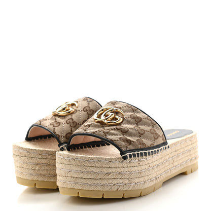 Gucci Monogram Matelasse Diagonal GG Marmont Platform Espadrille Slide Sandals 38 Beige Ebony Black 3 of 8