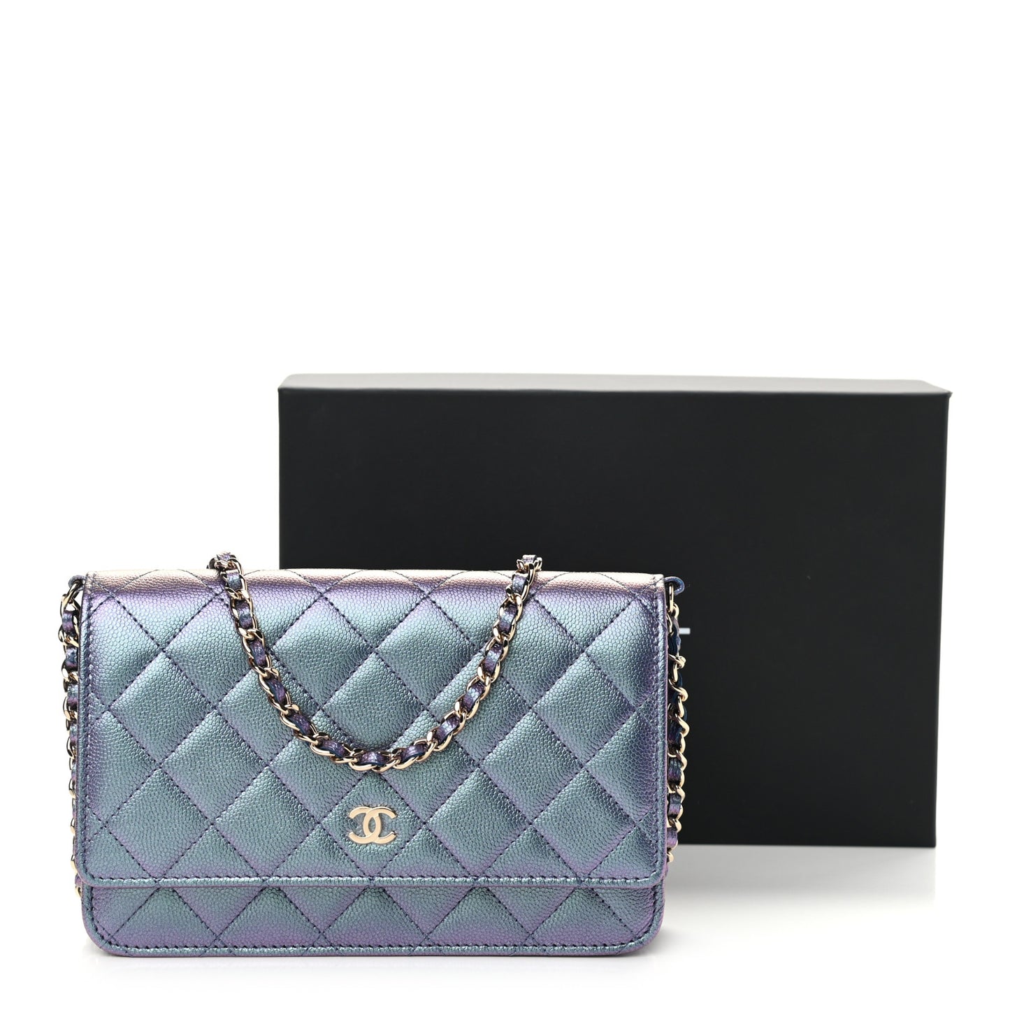 Iridescent Caviar Quilted Wallet On Chain WOC Dark Blue