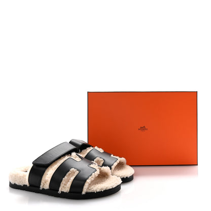 Hermes Calfskin Woolskin Womens Chypre Sandals 36 Black Ecru 9 of 9