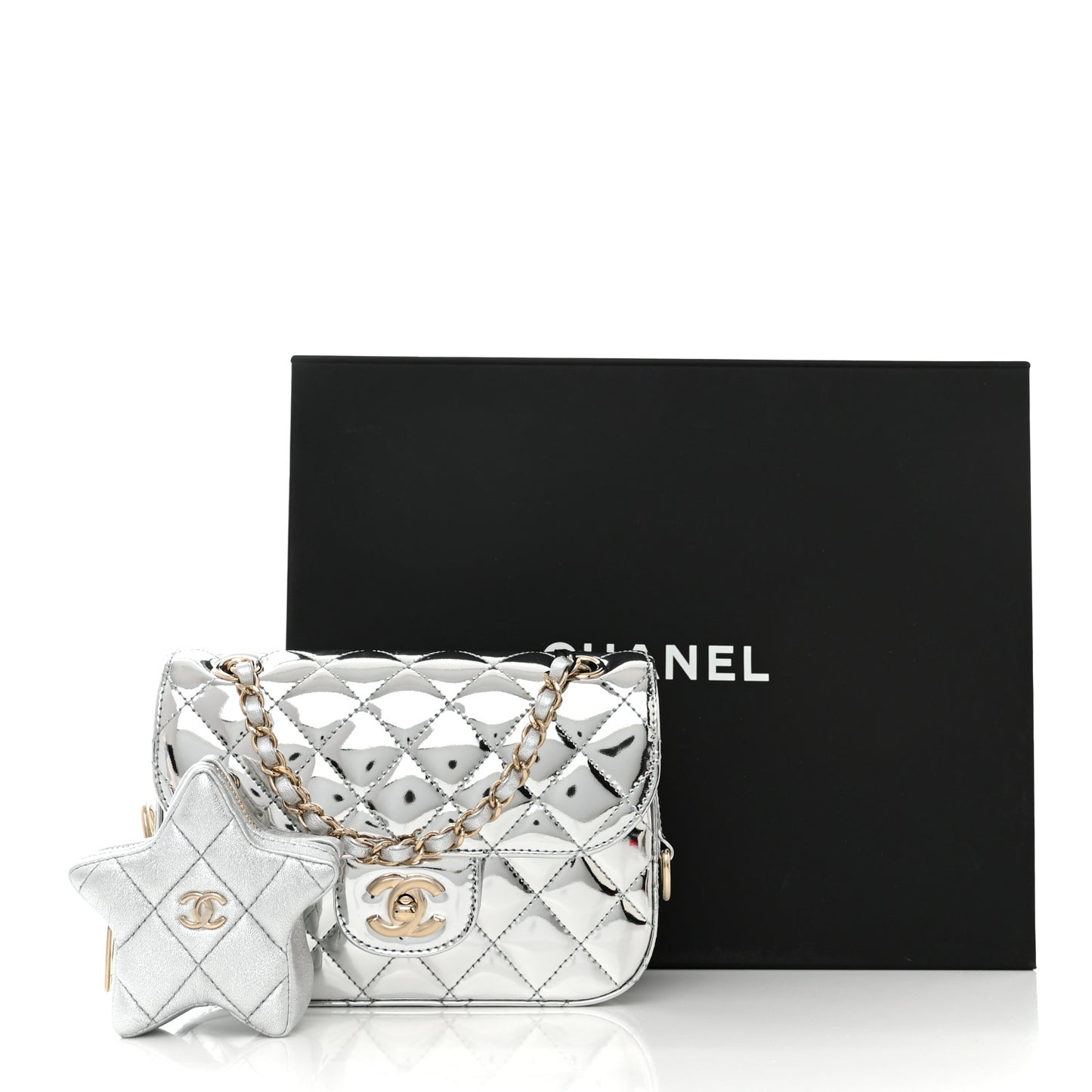 Mirror Calfskin Metallic Calfskin Quilted Hollywood Boulevard Mini Flap With Star Coin Purse Silver
