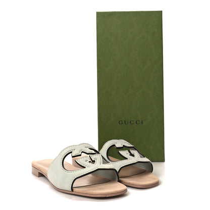 Gucci Kid Scamosciato Interlocking G Cut Out Slide Sandals 36.5 Pale Green 8 of 8