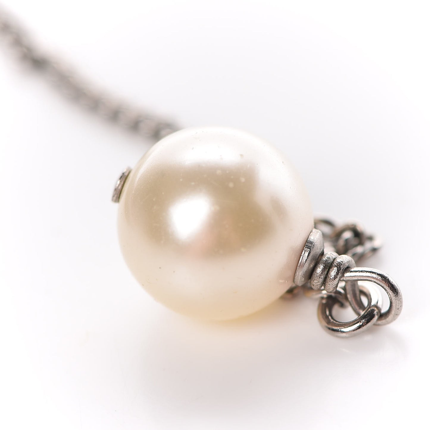 Baguette Crystal Pearl CC Lariat Necklace Silver