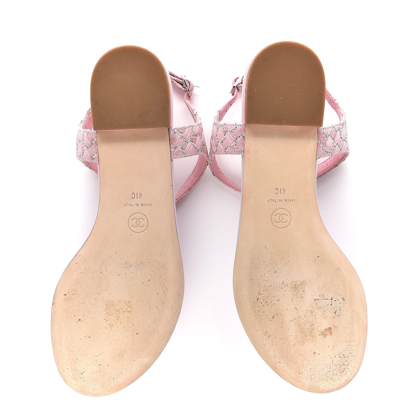Tweed CC Charm Thong Sandals 41 Pink Silver