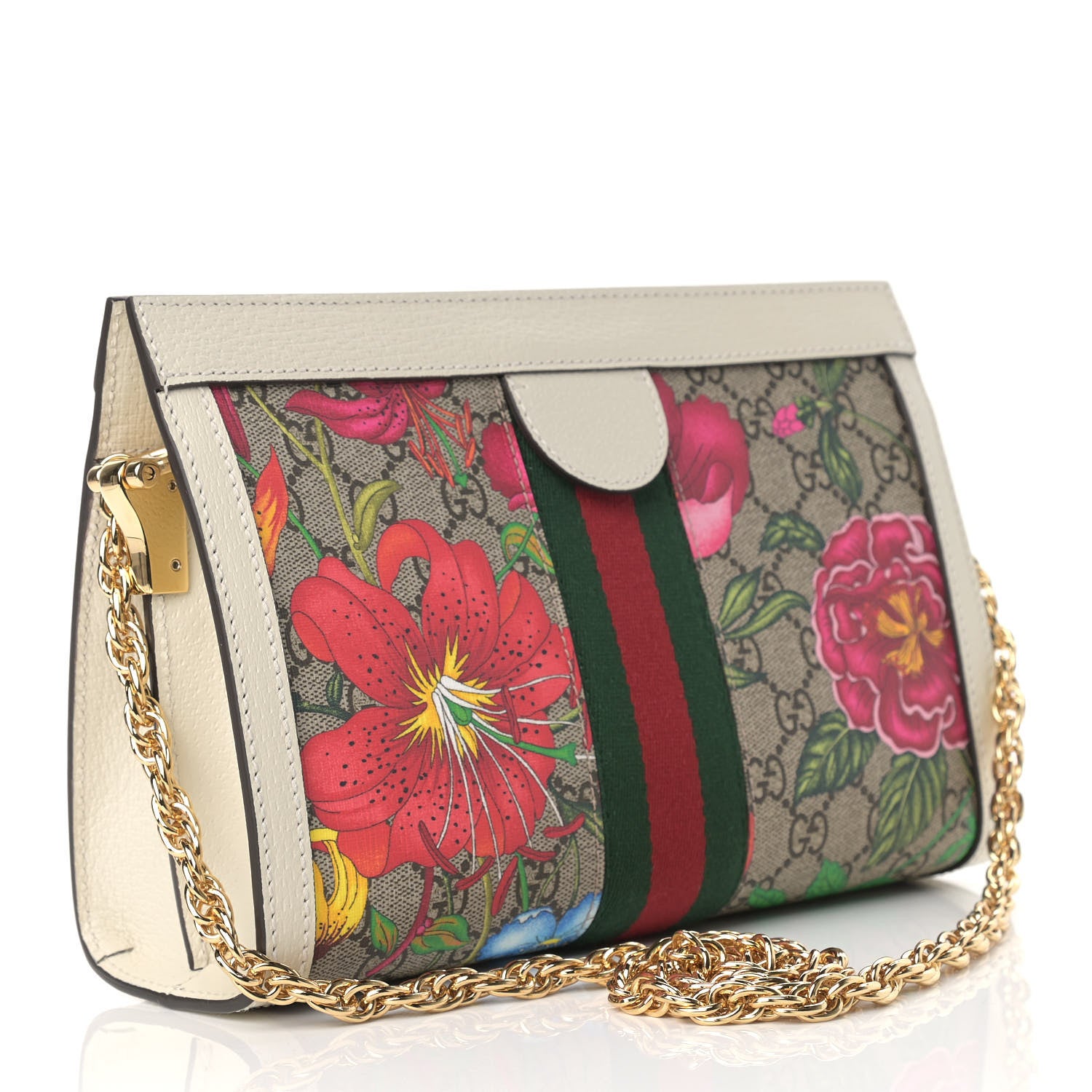 Gucci GG Supreme Monogram Flora Web Small Ophidia Chain Shoulder Bag White 3 of 9
